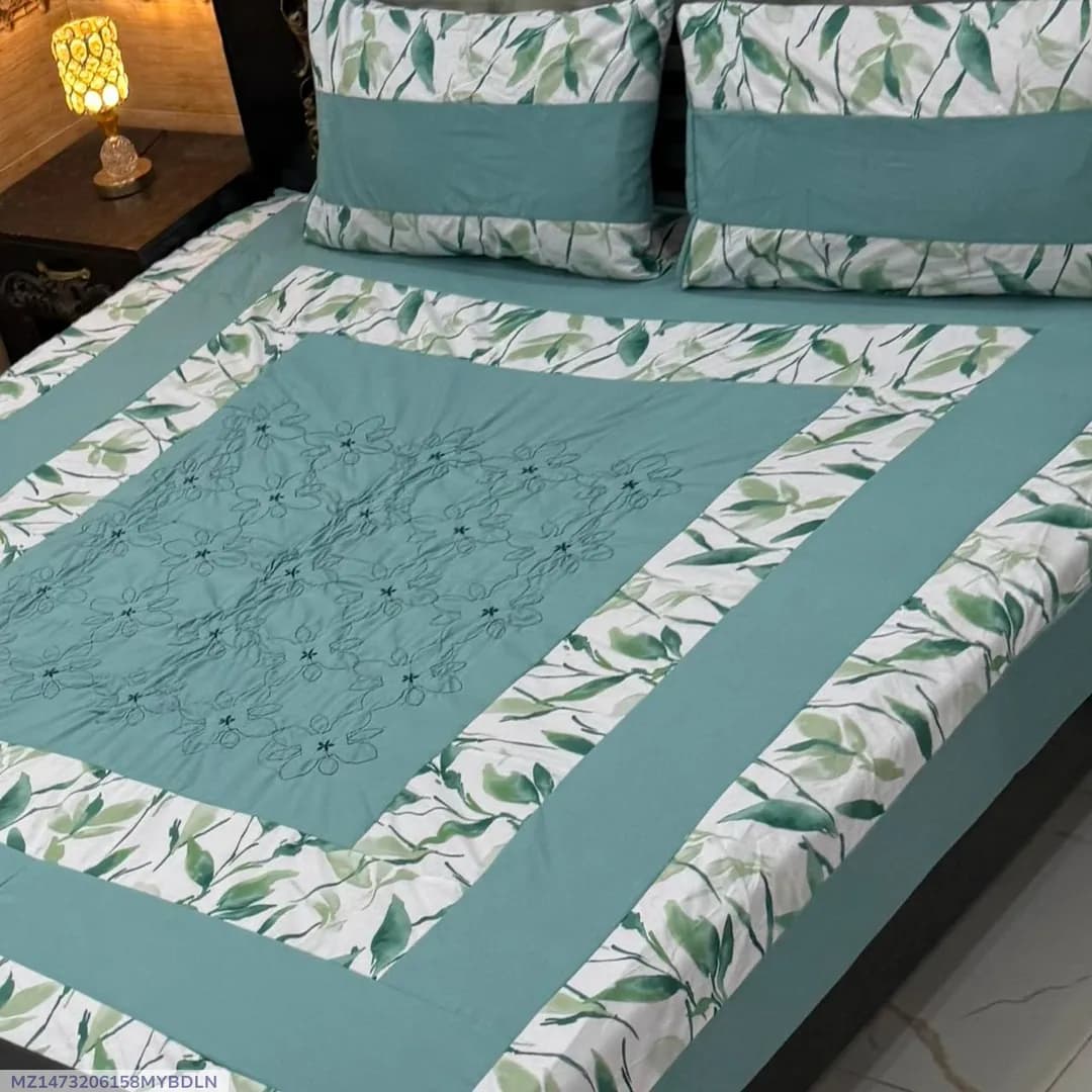 Stylish 3 Pcs Cotton Sotton Embroidered Patchwork Double Bedsheet