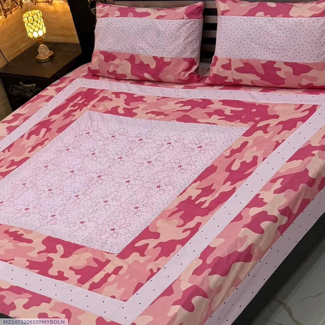 Stylish 3 Pcs Cotton Sotton Embroidered Patchwork Double Bedsheet
