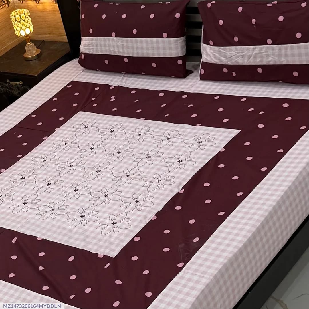 Stylish 3 Pcs Cotton Sotton Embroidered Patchwork Double Bedsheet