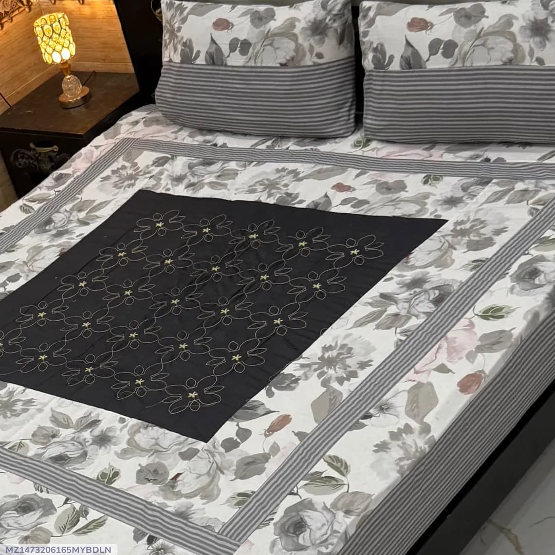Stylish 3 Pcs Cotton Sotton Embroidered Patchwork Double Bedsheet