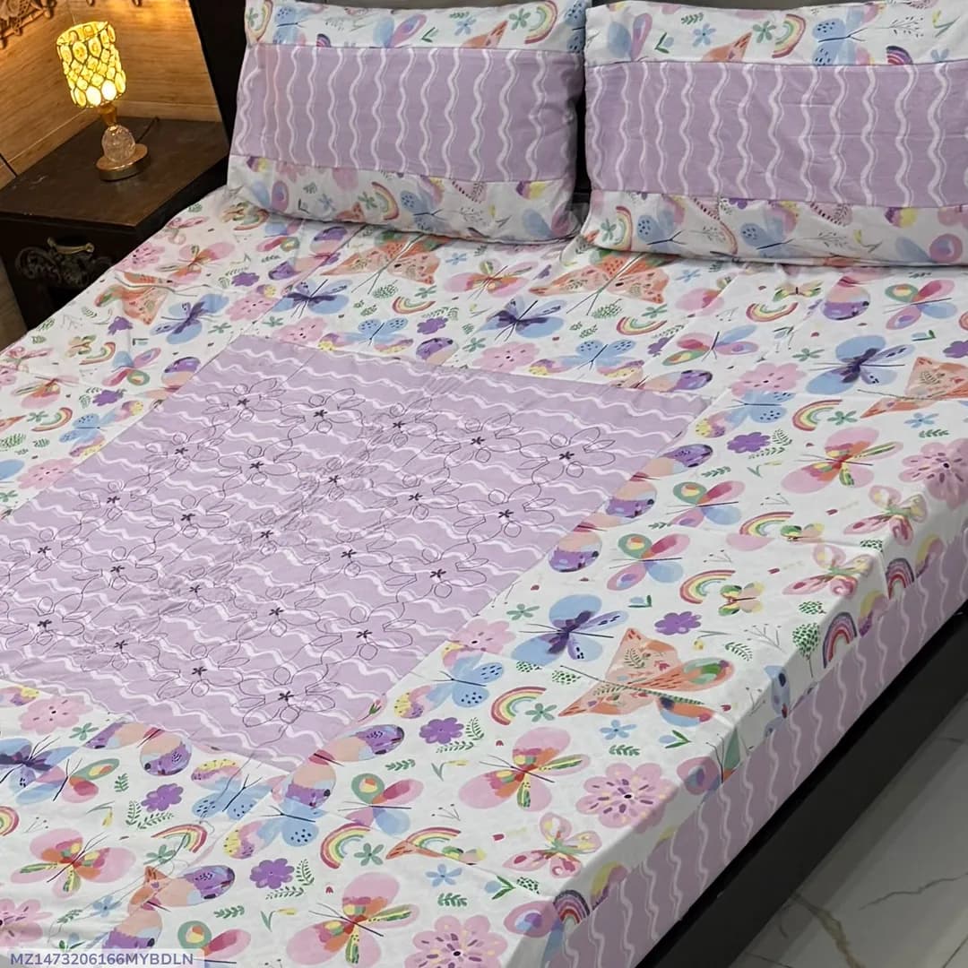 Stylish 3 Pcs Cotton Sotton Embroidered Patchwork Double Bedsheet