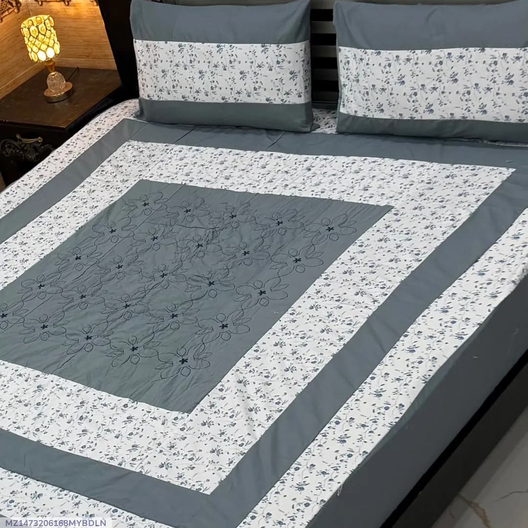 Stylish 3 Pcs Cotton Sotton Embroidered Patchwork Double Bedsheet