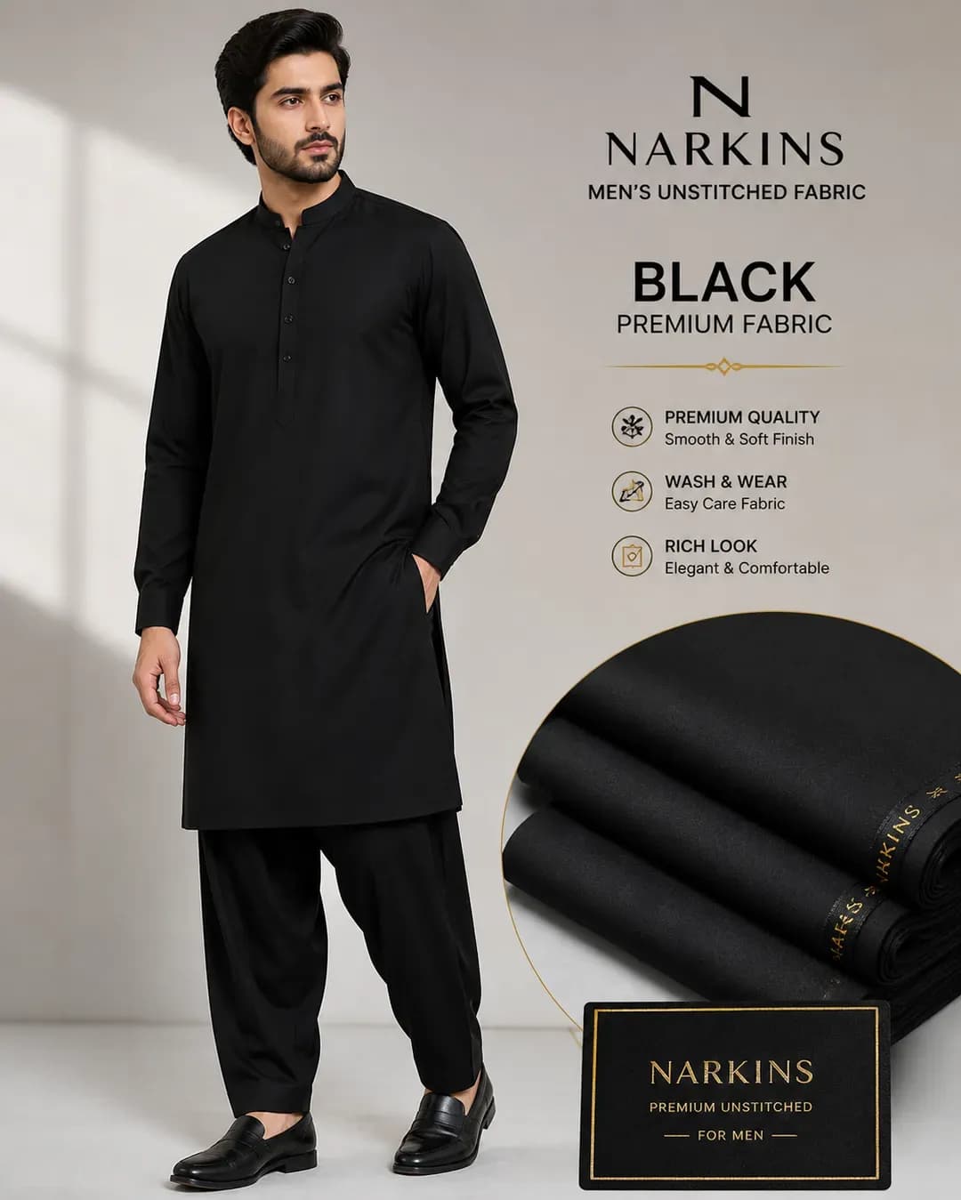 Black Wash & Wear Men Suit Fabric for All Season