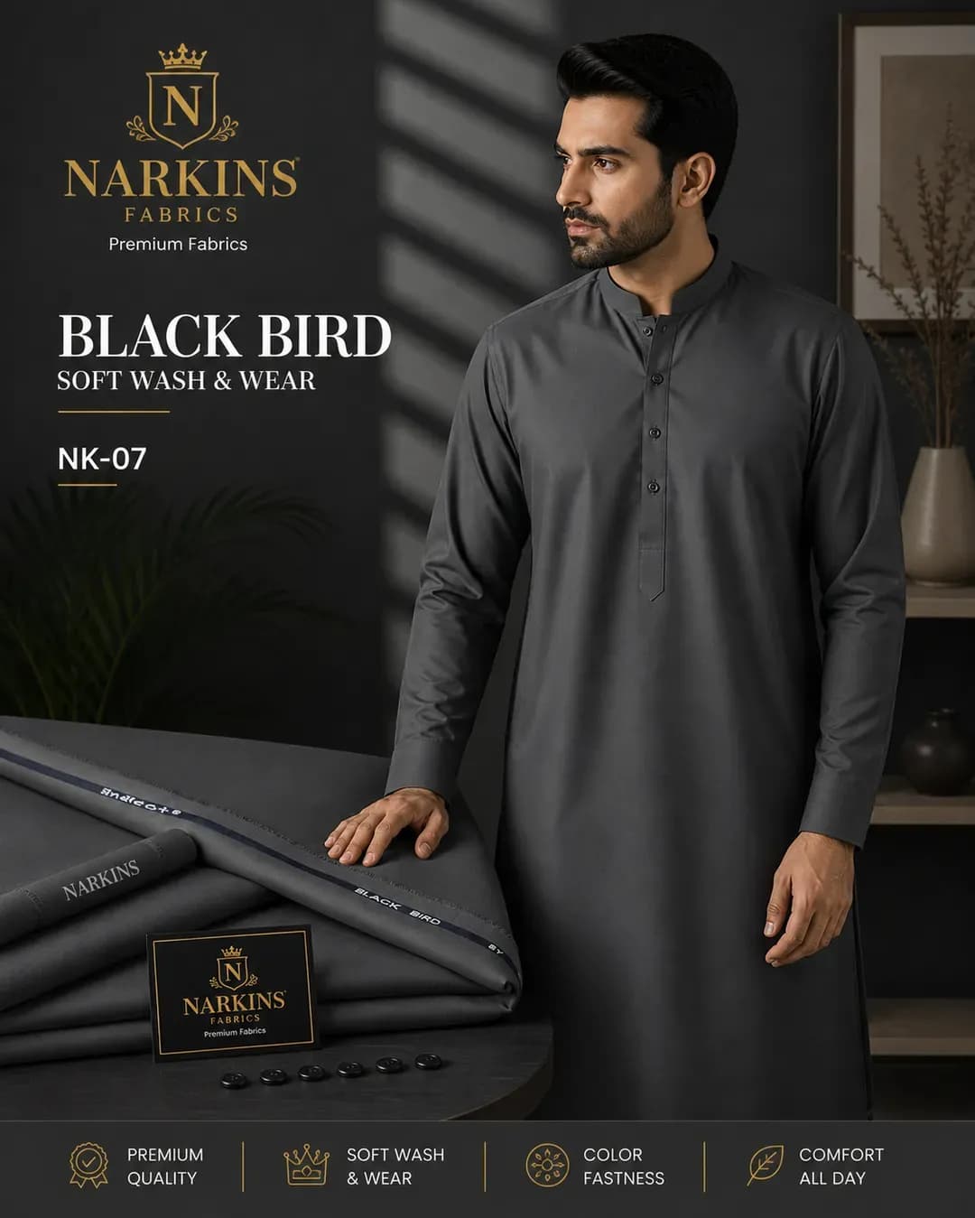 Men's Grey Wash & Wear Plain Suit Black Bird
