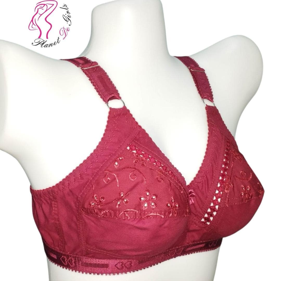 Maroon Cotton Embroidered Bra for Women, Non-Padded, Lightweight, Adjustable Straps