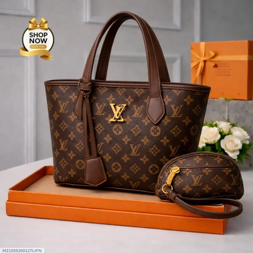 Women's Printed Handbag Set with Gold LV Logo