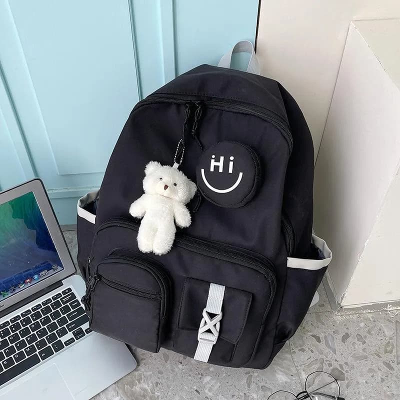 Stylish Bear Charm Backpack Black Blue Pink Nylon