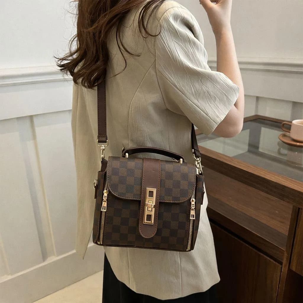 Stylish Checkered Crossbody Bag Brown Leather for Women