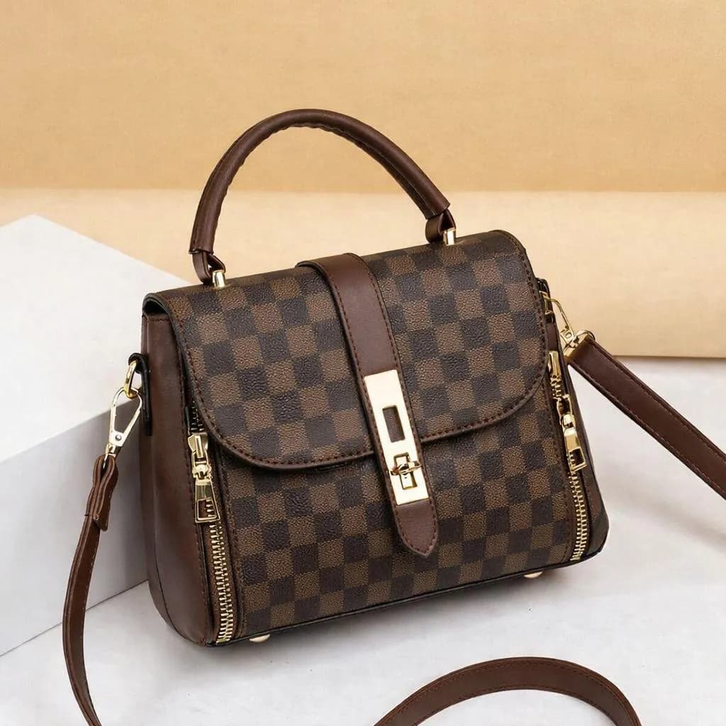 Stylish Checkered Crossbody Bag Brown Leather for Women