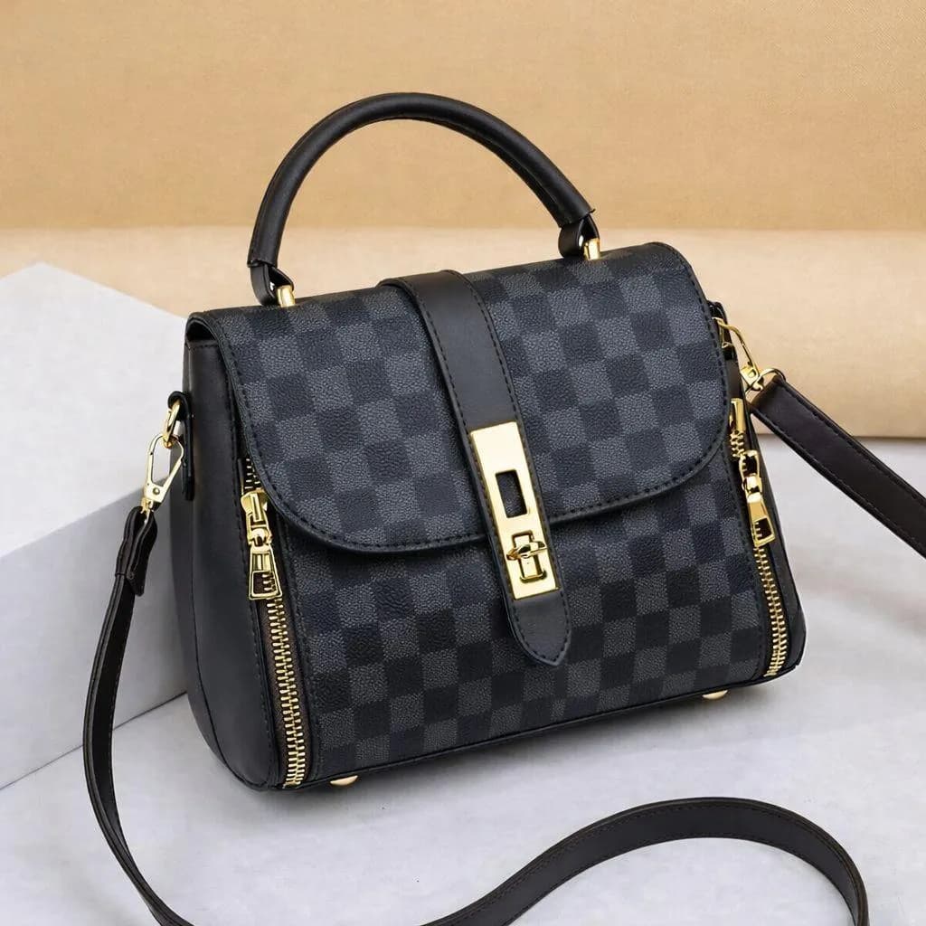 Black Checkered Crossbody Bag with Gold Hardware for Girls