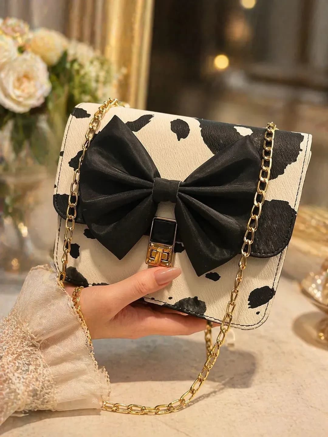 White Black Bow Crossbody Bag for Girls Leather