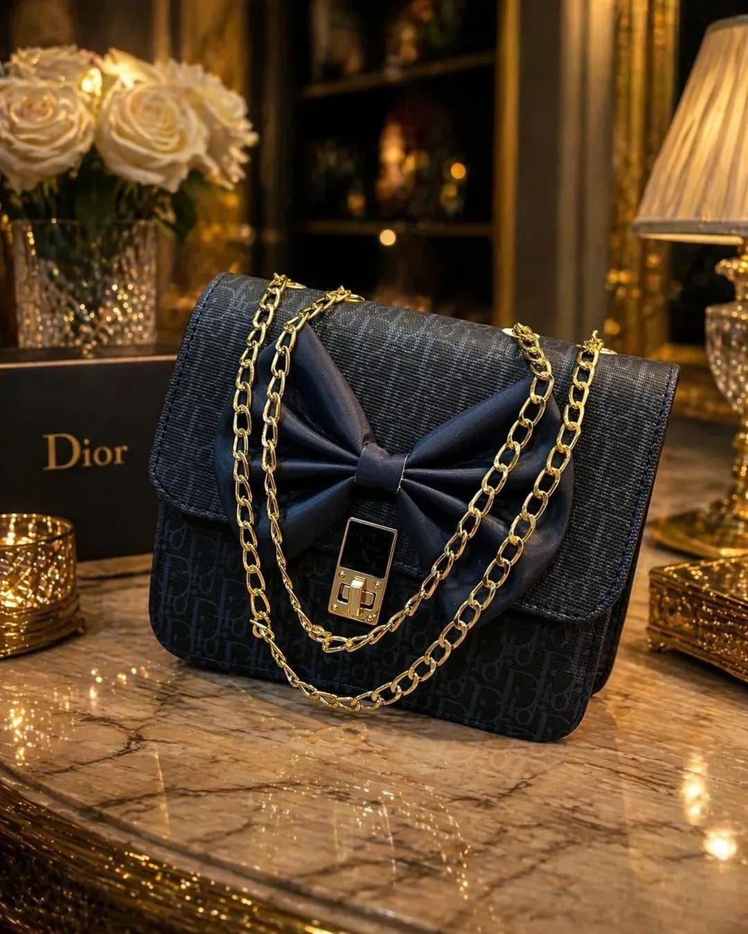 Blue Leather Chain Crossbody Bag for Girls