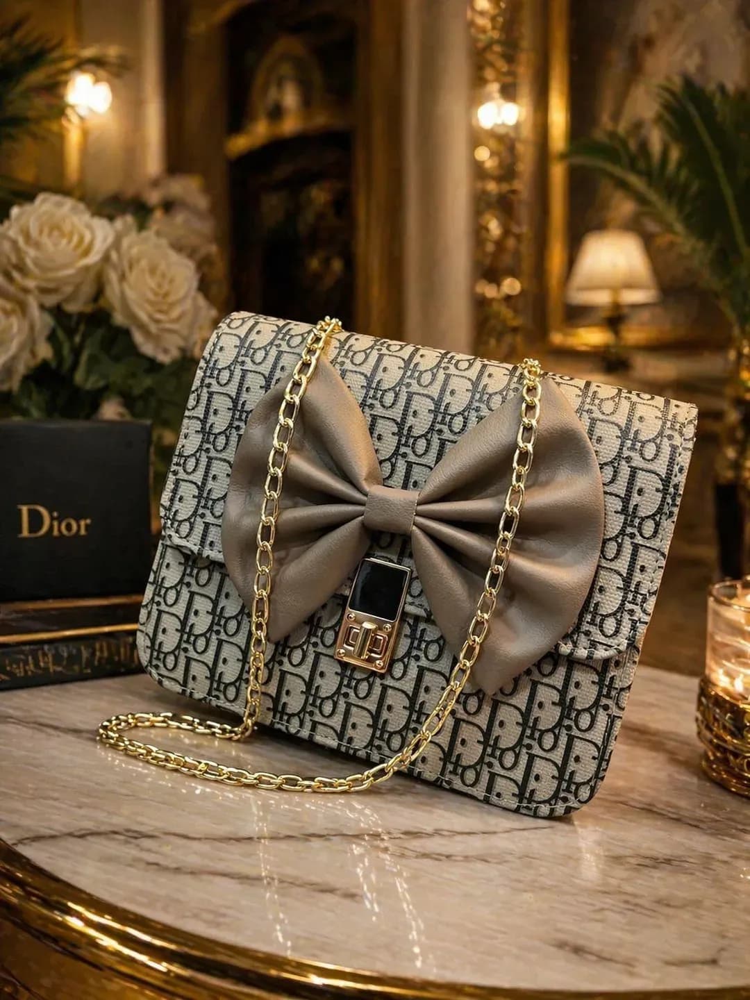 Dior Style Brown Leather Chain Crossbody Bag for Girls