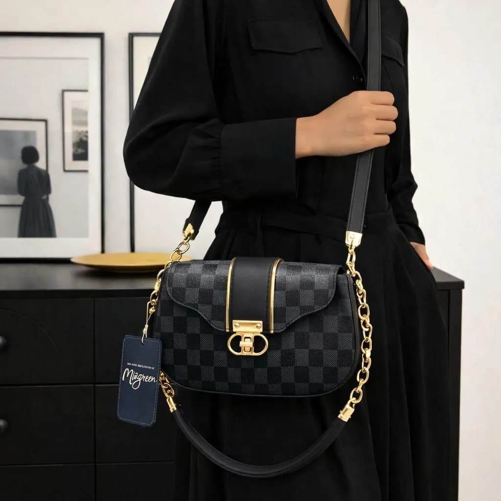 Women's Black Checkered Leather Shoulder Bag