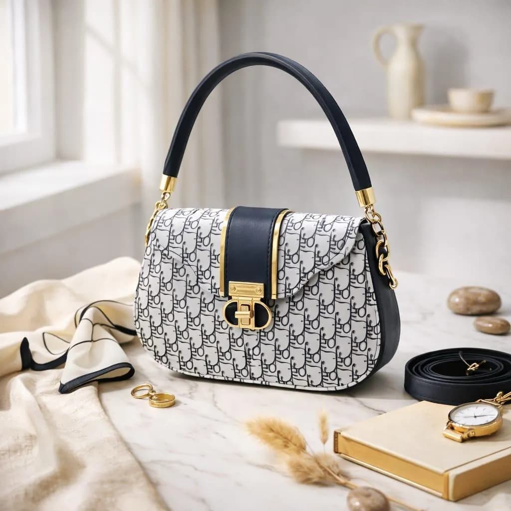 Women's White Leather Shoulder Bag with Gold Plated Handle