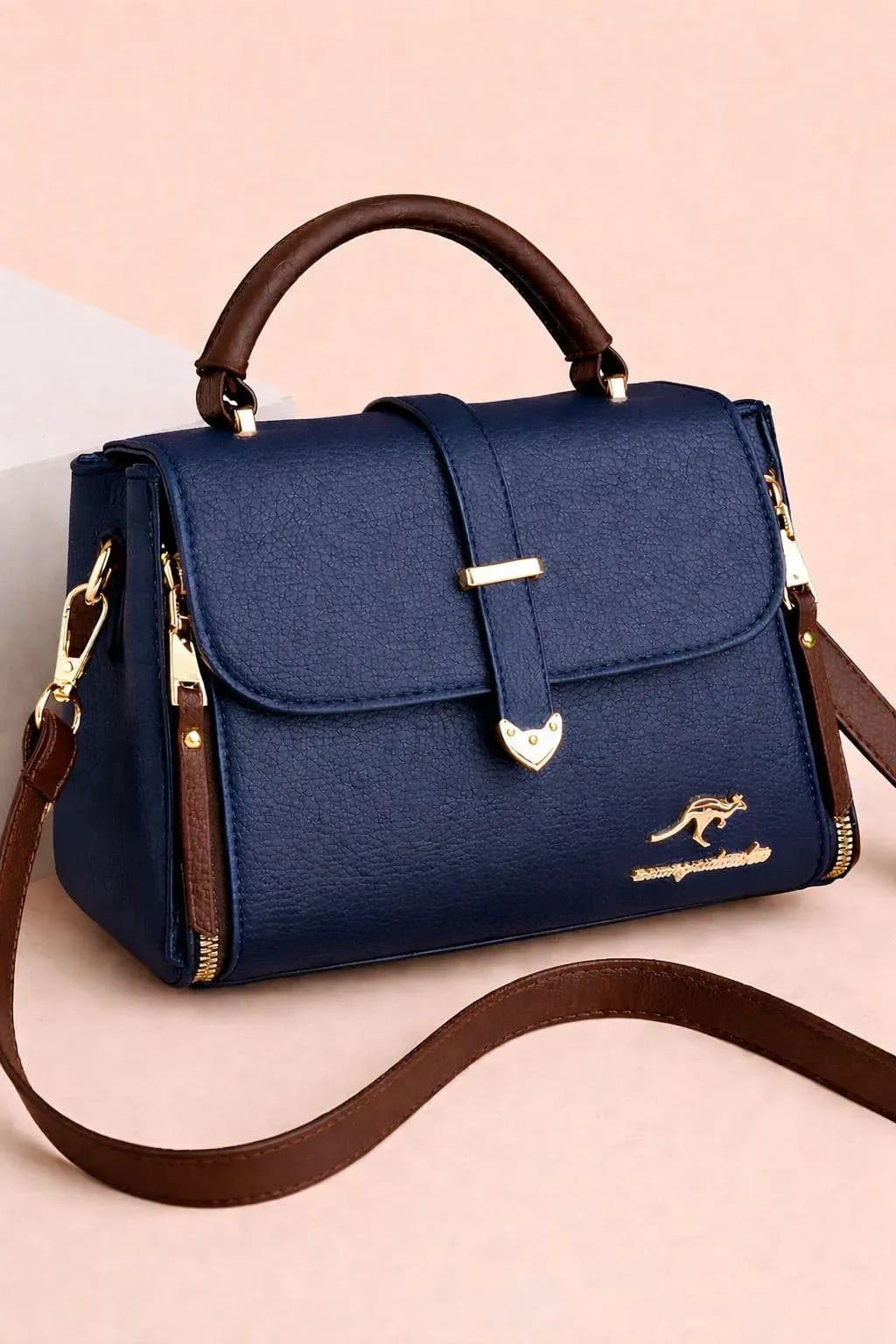 Blue Leather Shoulder Bag for Women - 1 Pc, Plain Design, 3cm Height