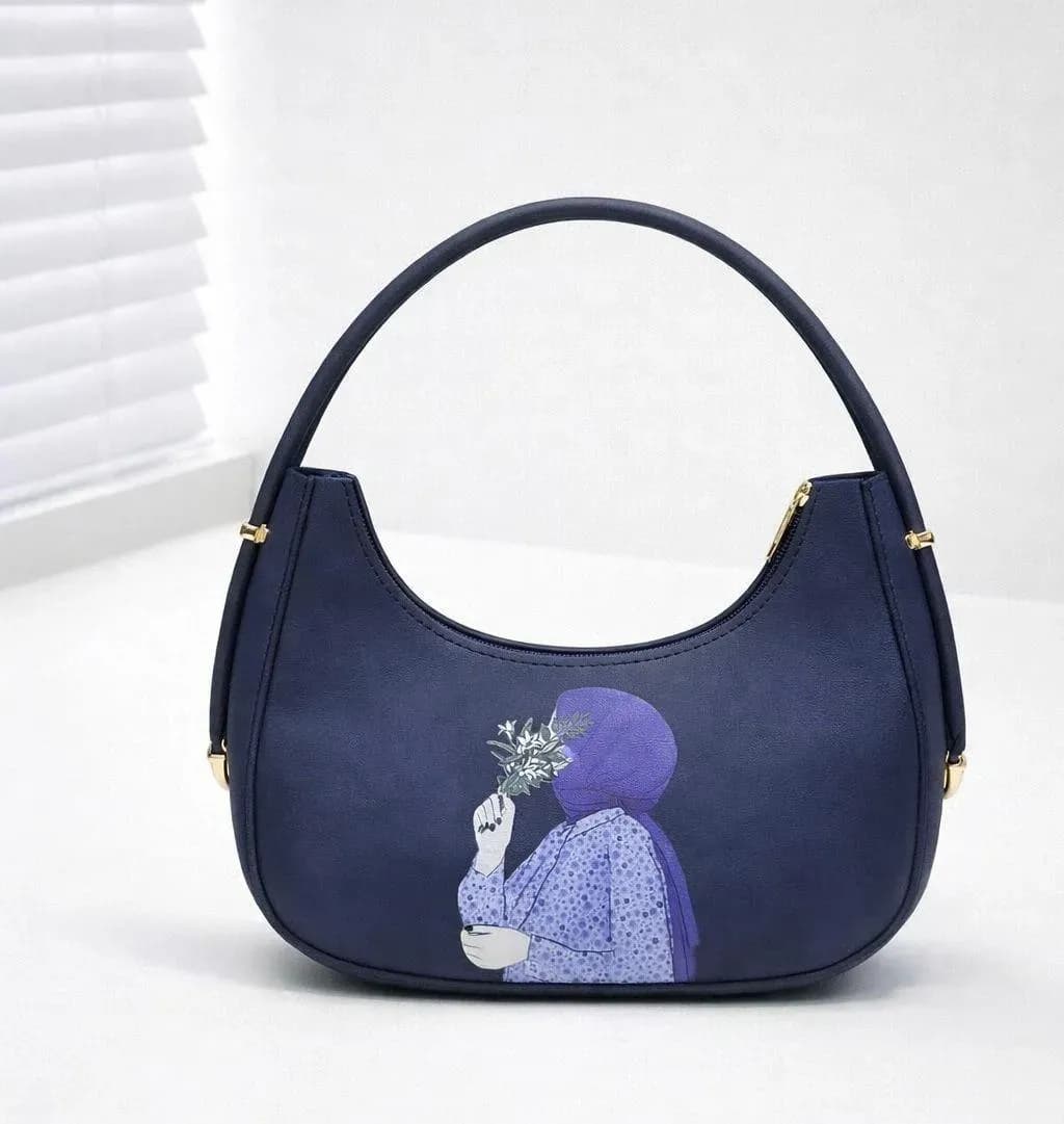 Blue Women's Leather Shoulder Bag with Anime Print