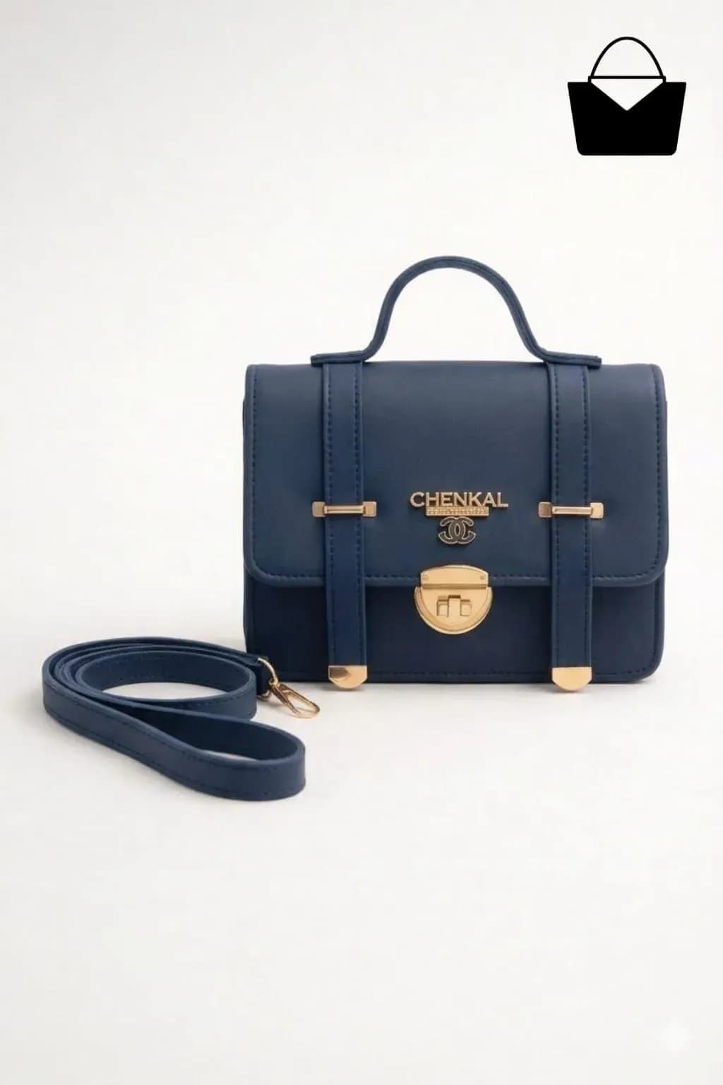 Women's Blue Leather Shoulder Bag with Gold Clasp