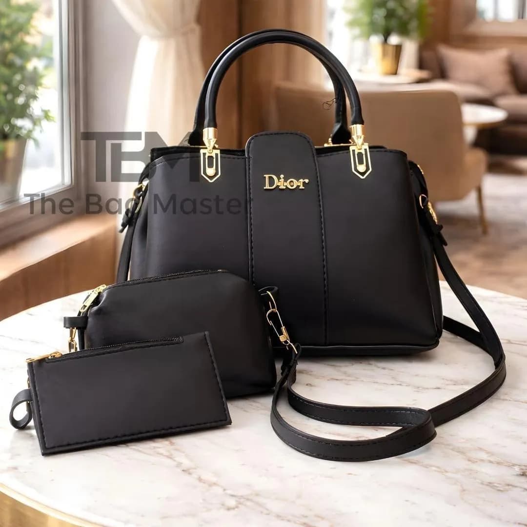 Black Leather Handbag Set for Women 2 Pcs