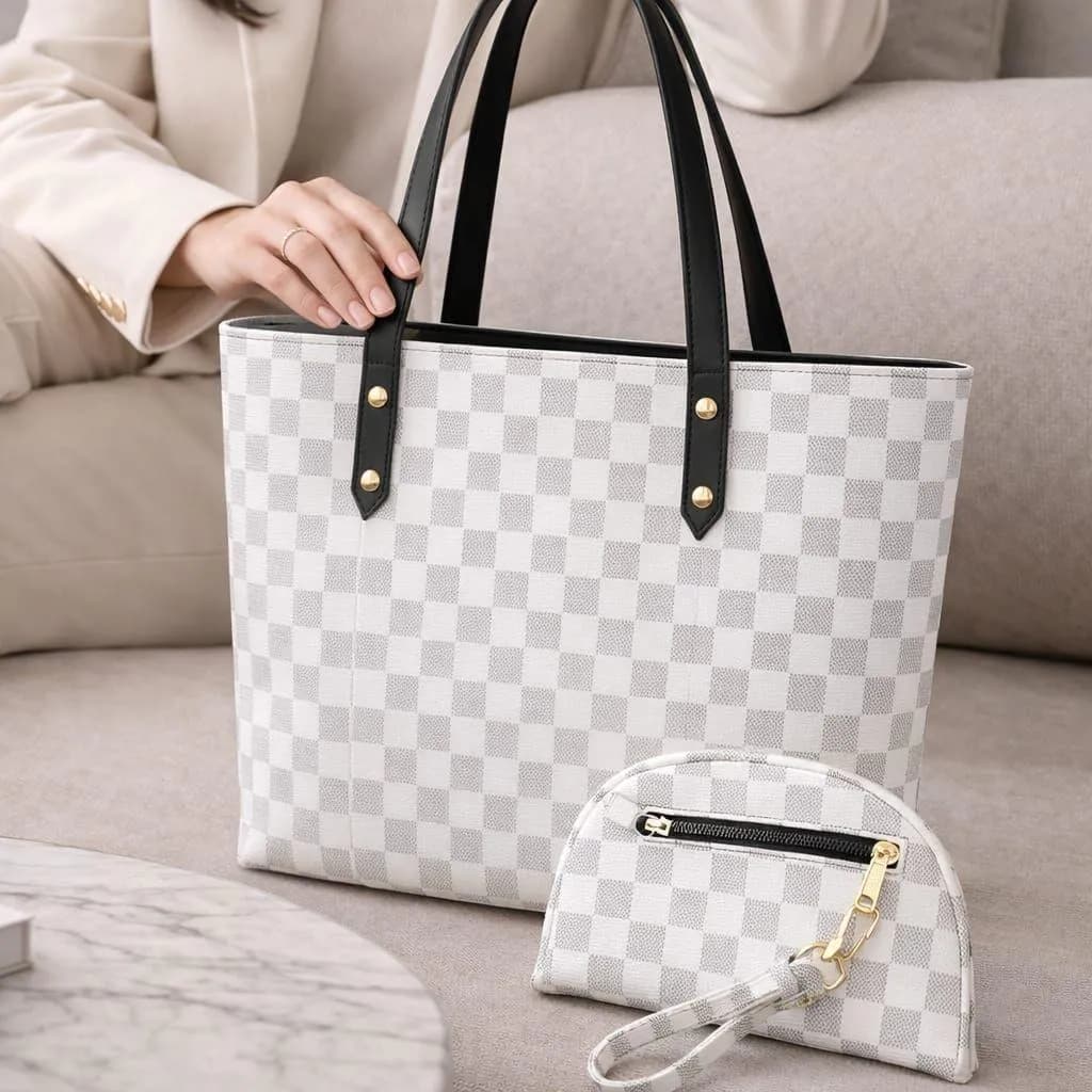 Women's White Checkered Leather Handbag Set 2 Pcs