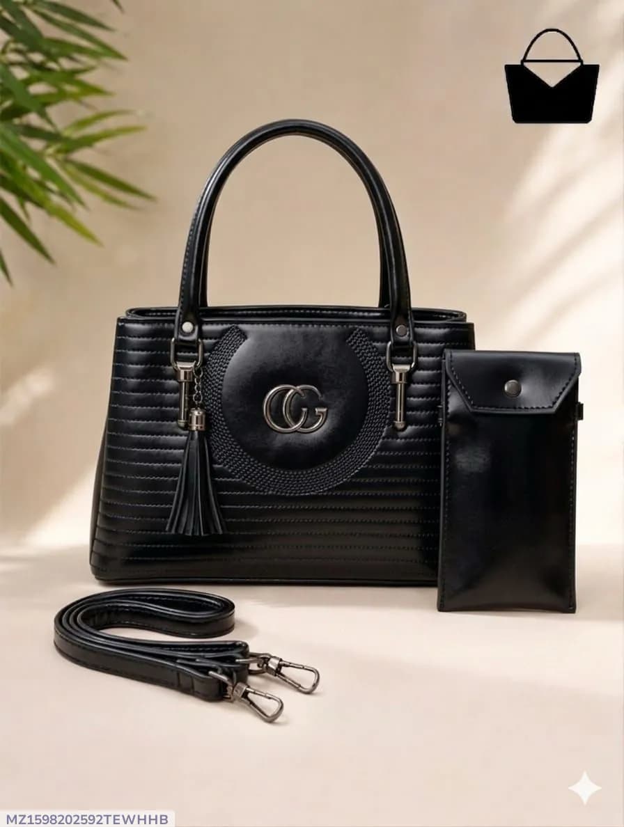 Women's Black Leather Handbag Set with Top Handle