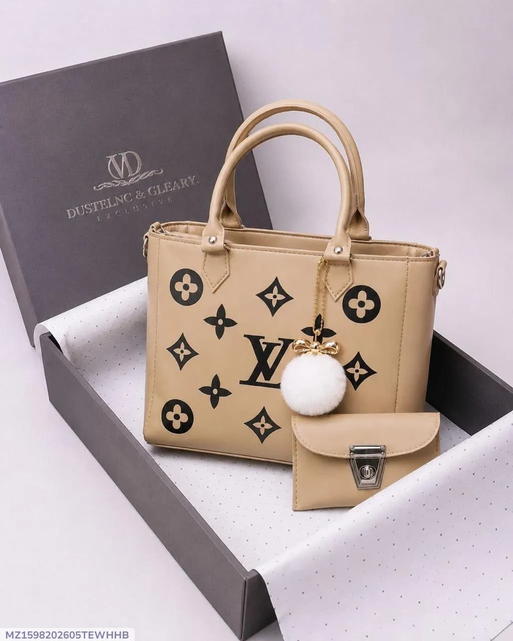 Women's Beige Leather Handbag Set with Top Handle