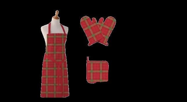 Cotton Oven Mitts & Apron Set Orange Black Checkered 4Pcs