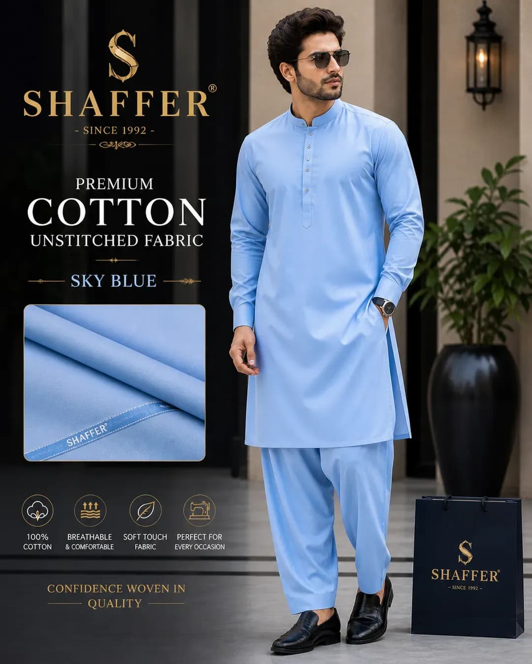 Men Unstitched Sky Blue Unstitched Cotton Suit