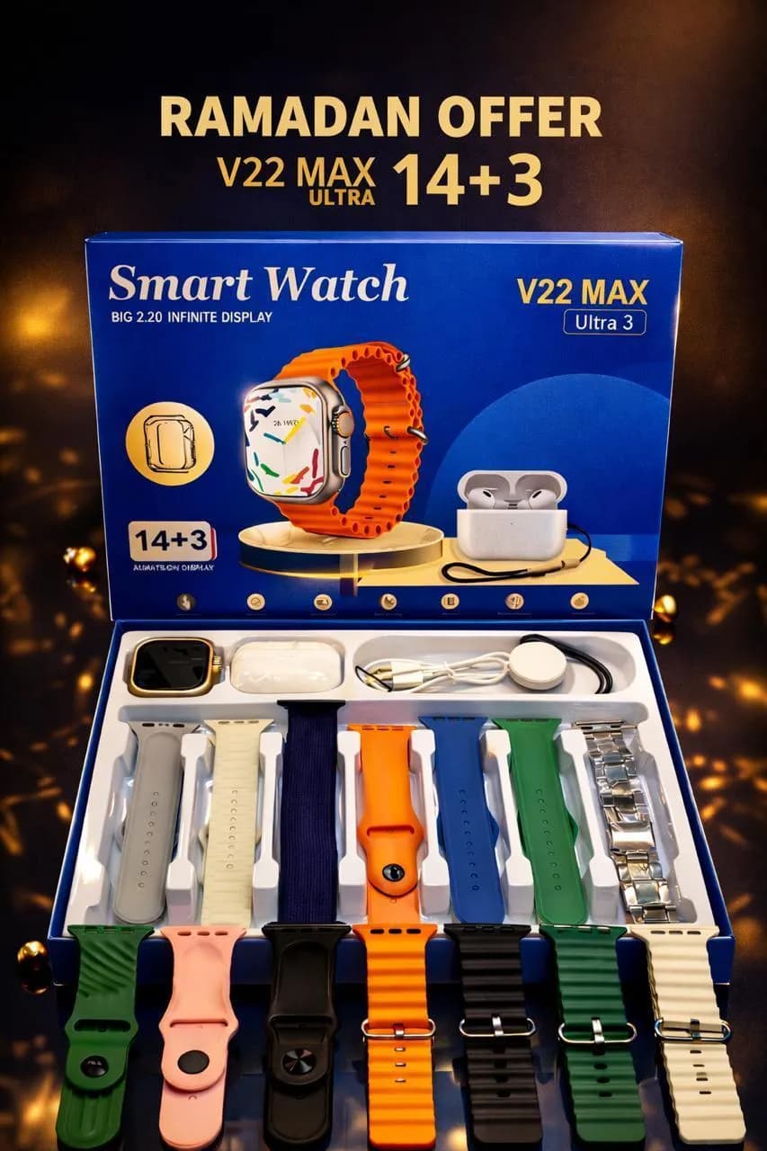 V22 MAX Ultra Smart Watch with 14 Straps & Earbuds
