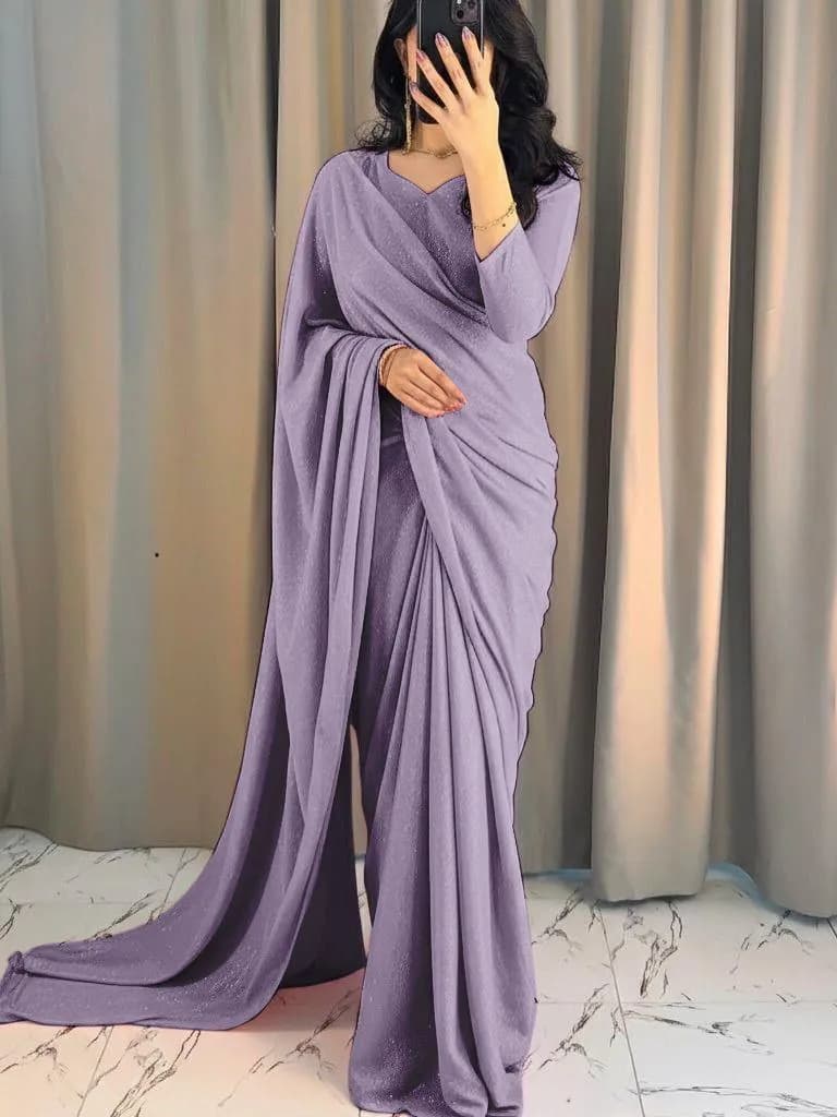 Purple Glitter Saree with Long Sleeve & Flowy Design