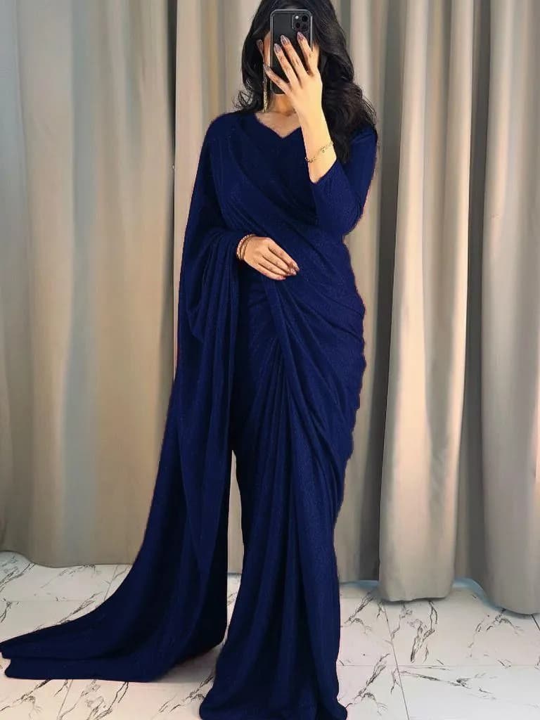 Navy Blue Glitter Saree with Long Scarf
