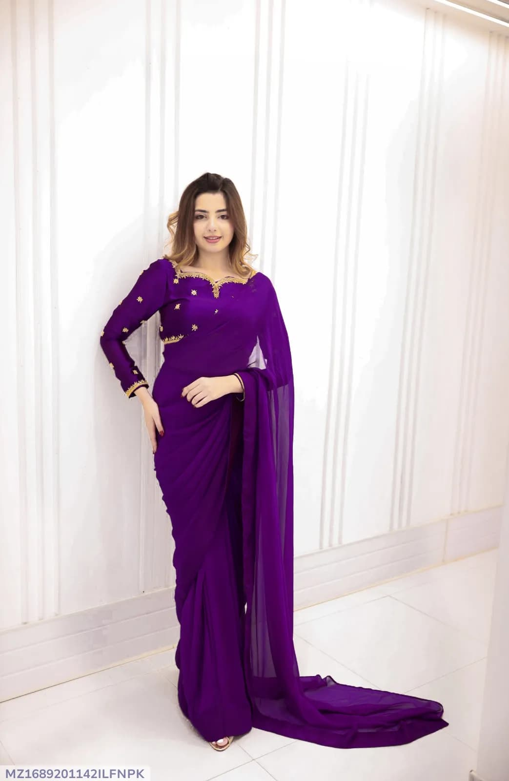 Purple Star Embroidered Chiffon Saree Set