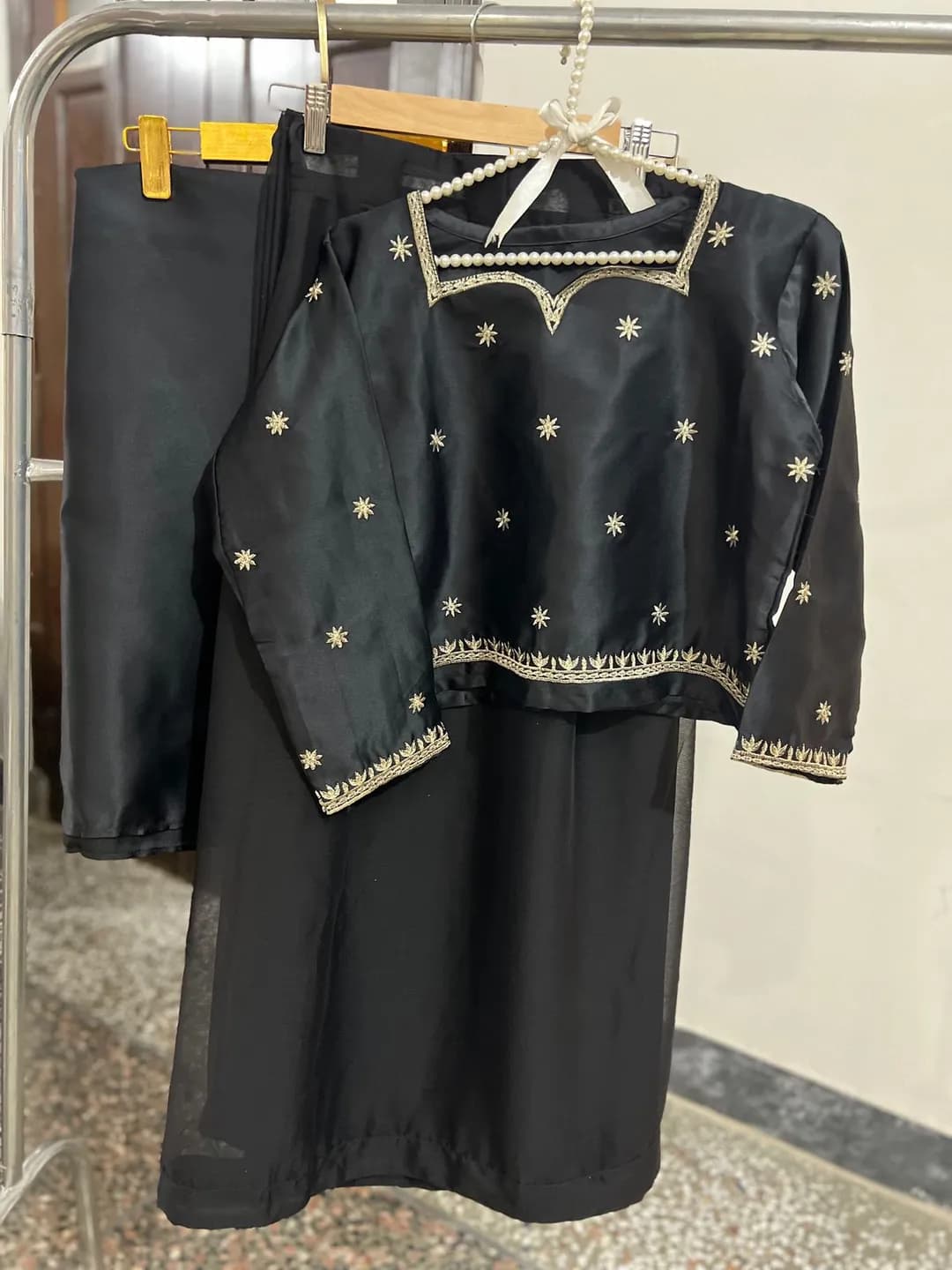 Black Star Embroidered Chiffon Saree Set