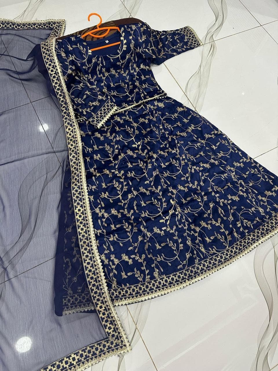 Raw Silk Embroidered Girl Outfit Navy Blue Golden 3-Piece Set