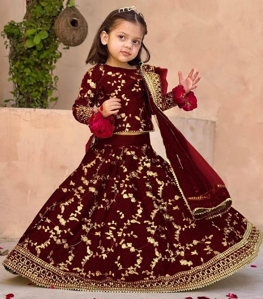 Maroon Raw Silk 3-Piece Embroidered Set for Girls 1-12