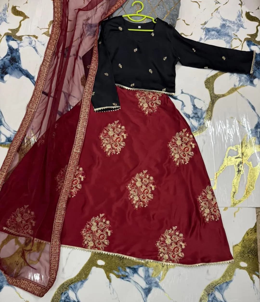 Kids Zari Embroidered 3Pcs Set Maroon Skirt & Dupatta