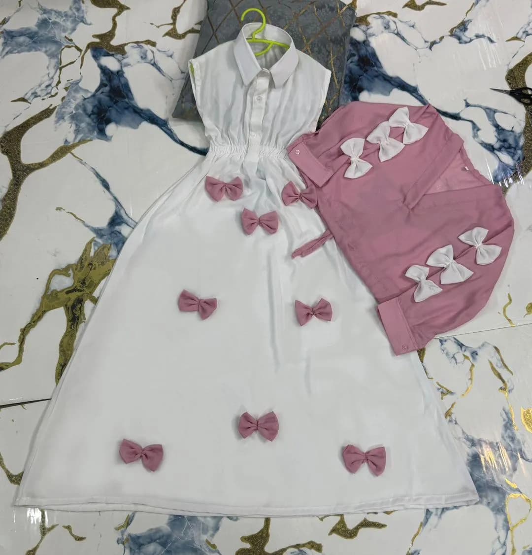 Girls Georgette Bow Top Maxi Set Pink White Bow Stitch