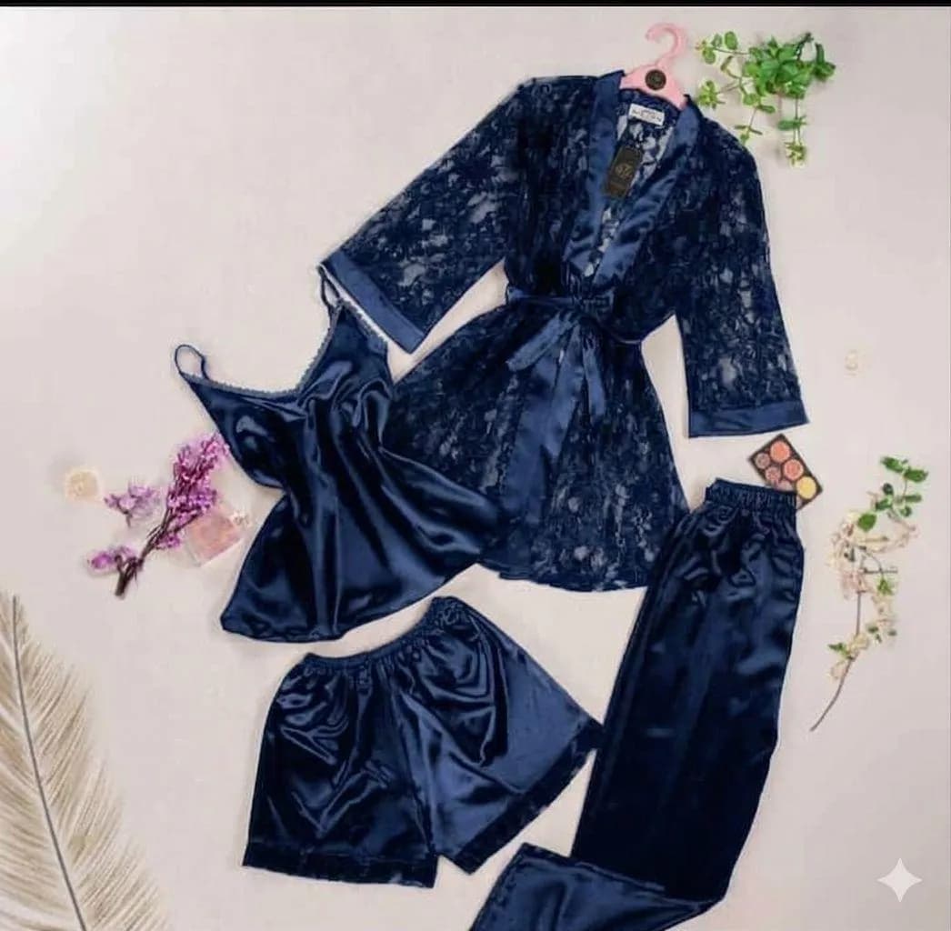 Blue Lace Nighty Set 4 Pcs Silk Satin