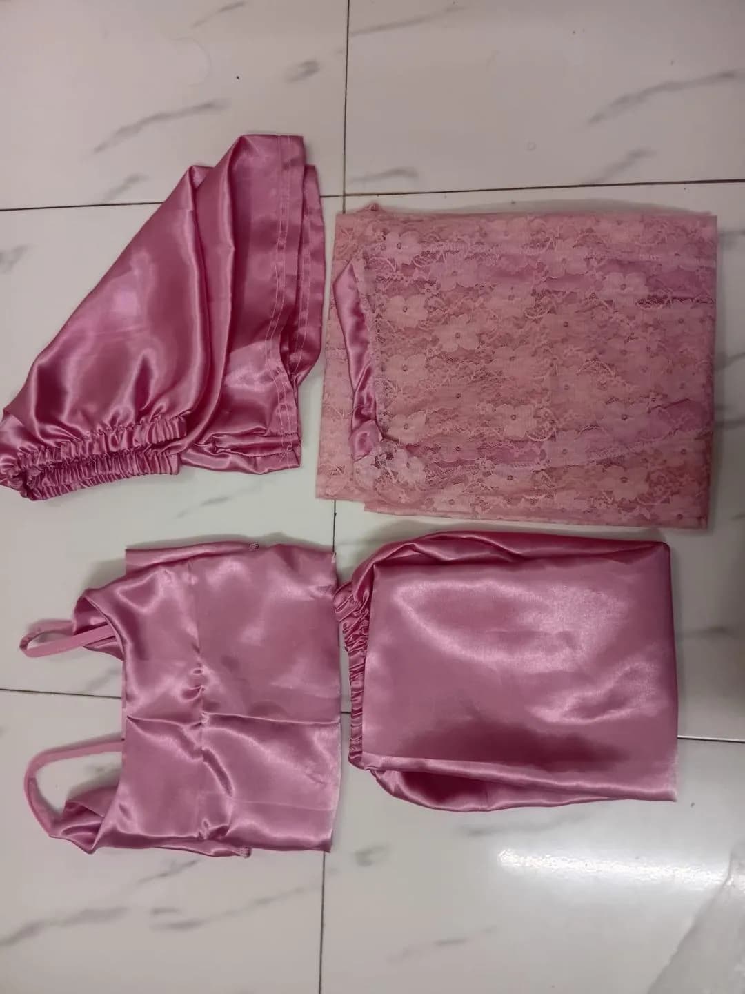 Red Lace Nighty Set 4pcs Silk Satin