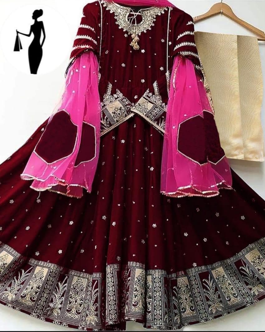 Maroon Embroidered Maxi Suit 3pcs Shamoz Silk Eid Formal
