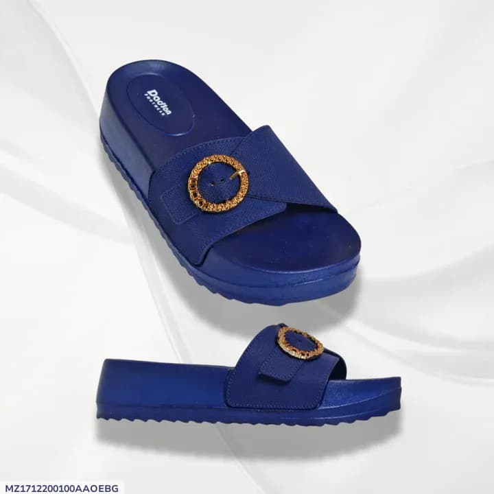 Women's Blue Rexine Fancy Slides with Gold Buckle
