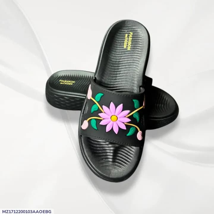 Women's Black Rexine Floral Slides Comfortable Office Wear