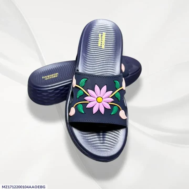Women's Blue Floral Rexine Slides Comfortable Office Wear