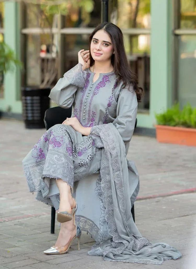 Grey Embroidered 3Pcs Lawn Suit with Chikenkari Dupatta