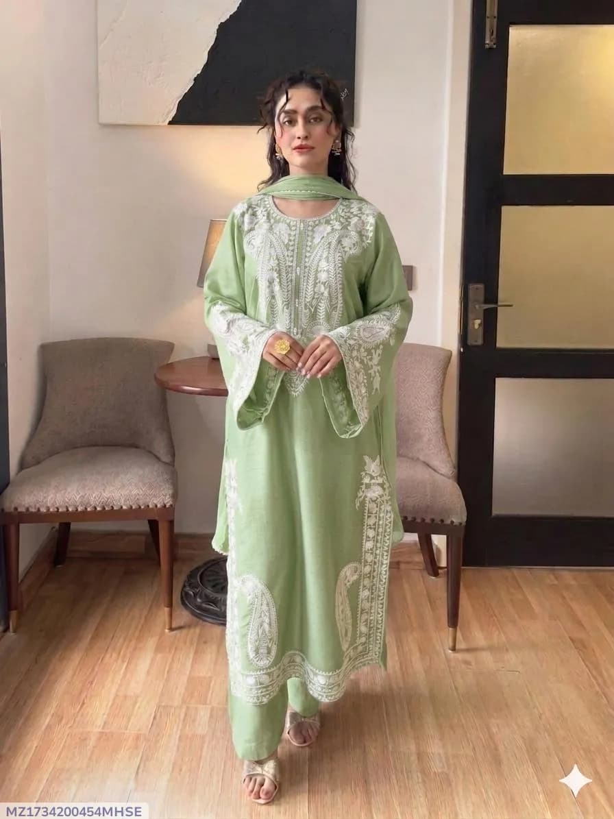 Green Embroidered 3PC Lawn Suit with Voil Dupatta