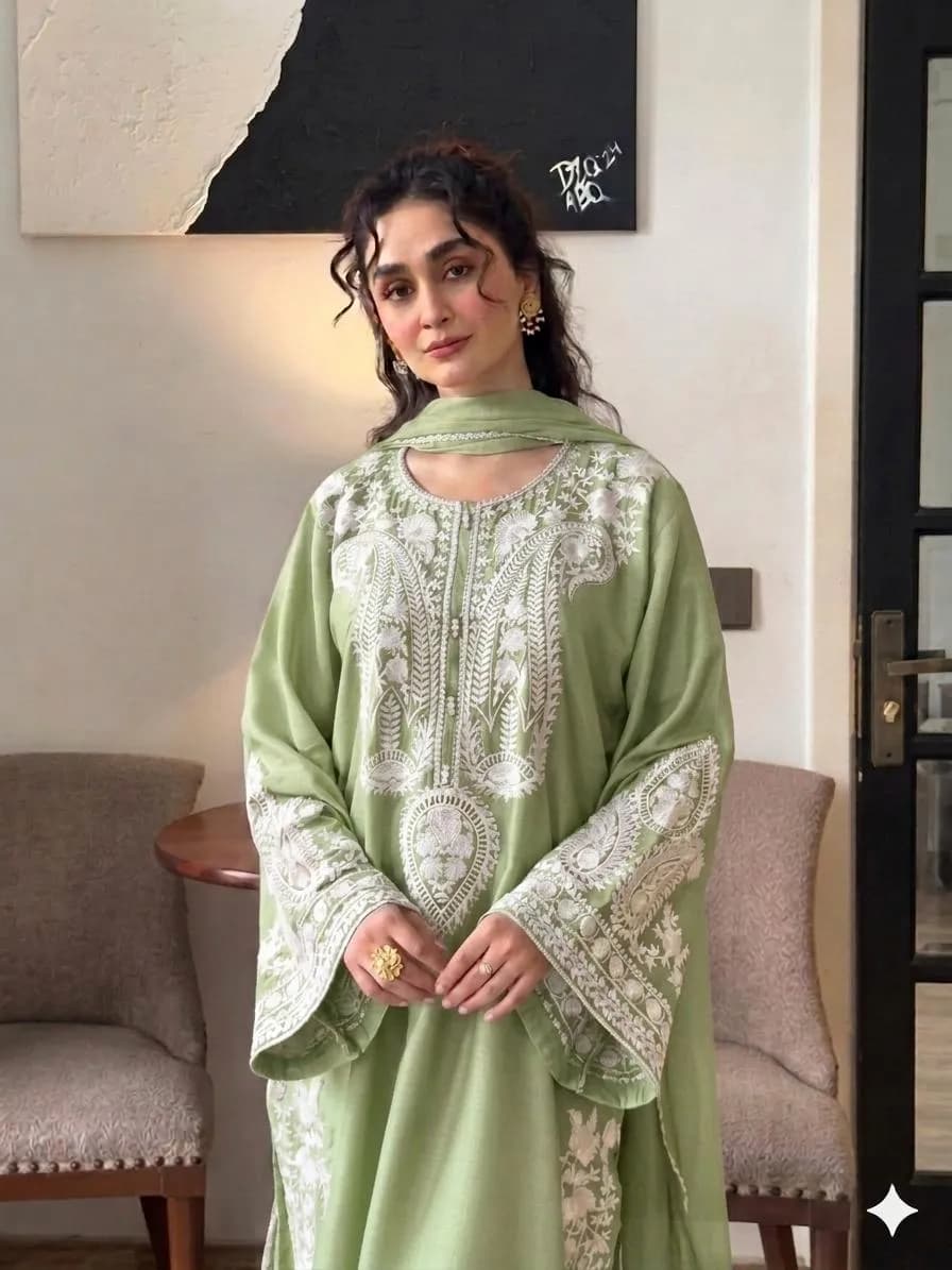 Green Embroidered 3PC Lawn Suit with Voil Dupatta
