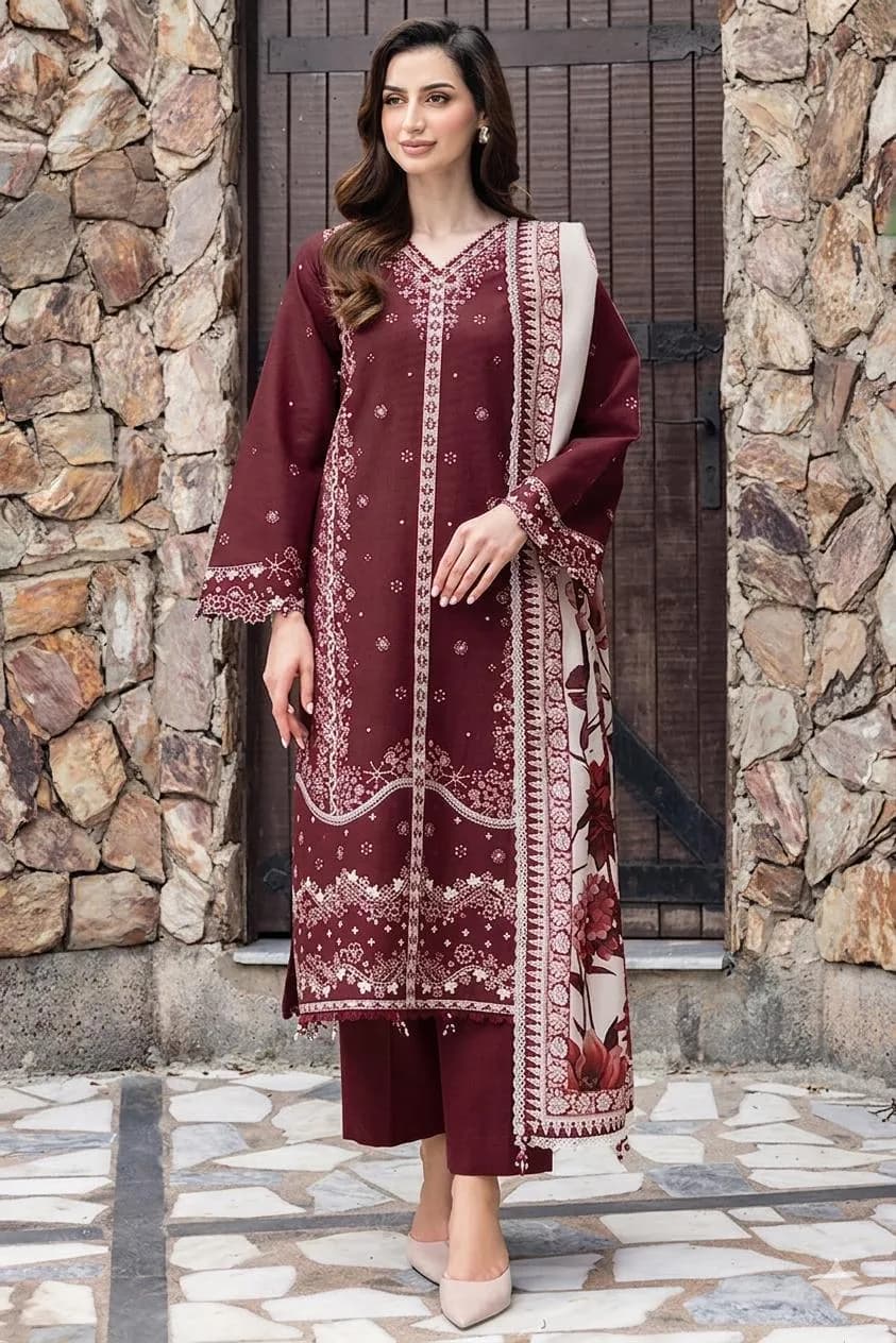 Maroon Embroidered 3PC Lawn Suit with Digital Printed Voil Dupatta