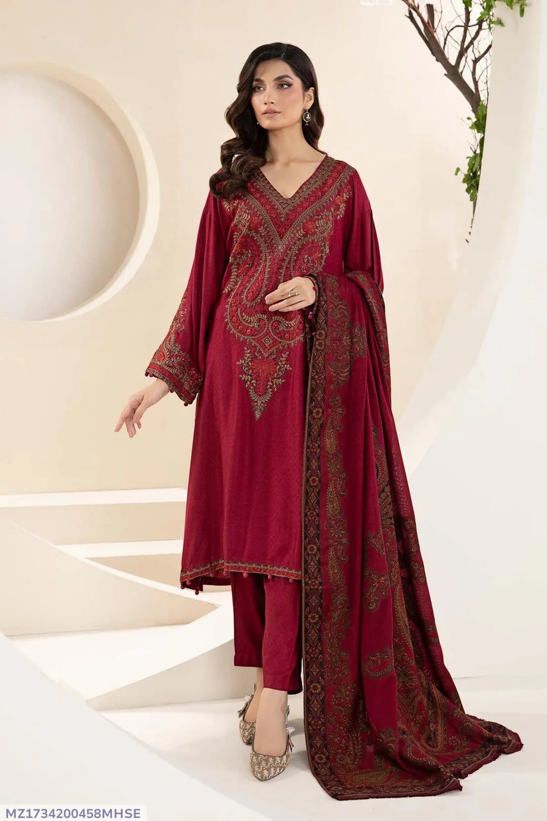 Red Embroidered 3PC Lawn Suit with Dupatta
