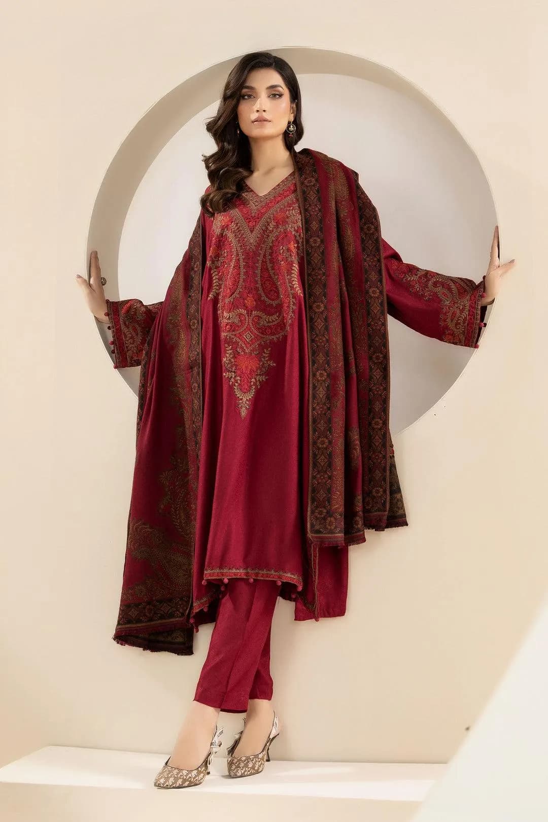 Red Embroidered 3PC Lawn Suit with Dupatta