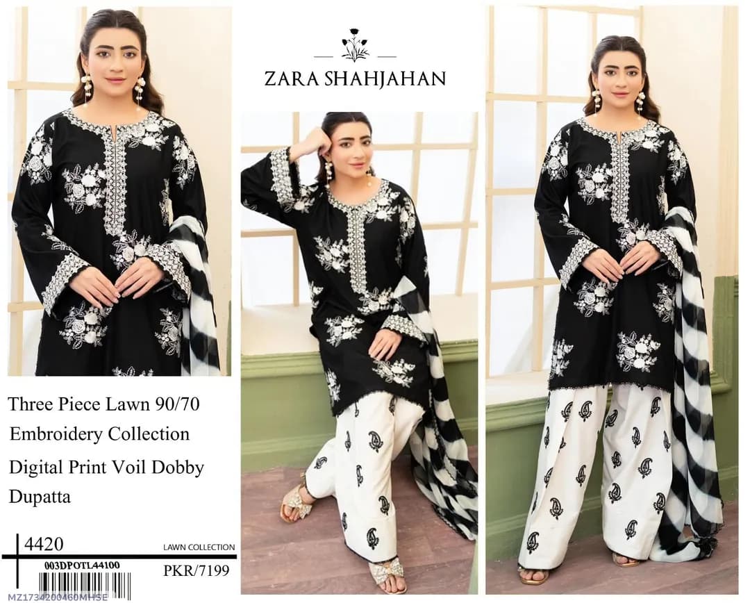 Zara Shahjan 3 Pcs Embroidered Lawn Suit Black
